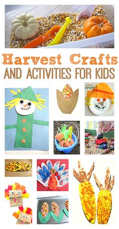 the cover of harvest crafts and activities for kids with pictures of pumpkins, cornucts, scarecrows