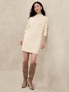 Cable Mini Sweater Dress | Banana Republic Factory Banana Republic Sweater Dress, Sweater Dress With Boots, Short Cream Dress, Women Sweater Dress, Rich Auntie, Christmas Pics, Arm Cuffs, Mini Sweater, Cable Stitch