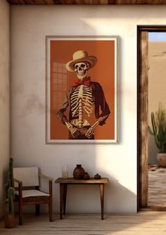 a skeleton wearing a hat and bow tie in front of an orange wall with a cactus