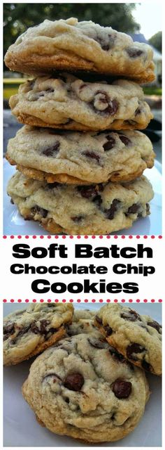 soft batch chocolate chip cookies stacked on top of each other with text overlay that reads soft batch chocolate chip cookies