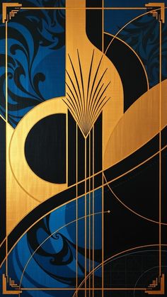 an art deco painting with gold and blue colors on black background, including swirls and curves