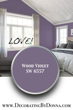 a purple bedroom with the words love in black and white overlaying the image