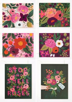 six floral cards with different designs on them