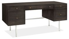 an office desk with metal legs and a dark wood finish on the top, viewed from the front