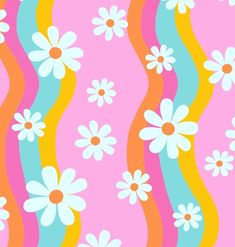 an image of colorful flowers on pink and blue striped wallpapers with white daisies