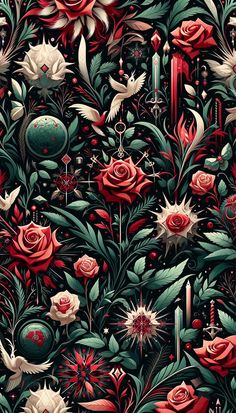 an image of a bunch of flowers and plants in red, green and white colors