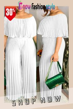 White Fashion Casual Solid Split Joint Fold O Neck Plus Size Jumpsuits White Top And Pants Outfit, All White Party Outfits Plus Size, White Jumpsuit Wedding, All White Party Outfits, 1930s Fashion Women, Dresses Coats, White Party Outfit, Church Clothes, Soft Dramatic