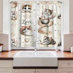 kitchen curtains with cats and hearts on them