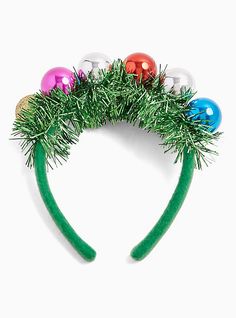 This ornament headband comes with a green base and features shiny green tinsel and multicolored bulbs, so you can get your festive fun on. Man-made materials. Imported . The best plus size women's green & multicolored holiday ornament headband headbands in multi. Torrid is your destination for cozy fall and winter clothes to keep you warm and comfortable. Grinch Diy Headband, Diy Holiday Headbands, Childhood Traditions, Ornament Headband, Festive Christmas Headband, Whimsical Adjustable Christmas Headpieces, Christmas Festive Headband Headpiece, Hair Accessories Green, Green Tinsel