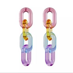 Gorgeous New Clear Rainbow Colored Acrylic Resin Chainlink Dangle Drop Earrings In Hot Pink, Yellow, Blue & Purple. Super Cute Earrings W/An 80’s Retro Vibe That Can Be Worn Dressed Up Or Down W/Any Outfit Or Style. Nice & Lightweight Too! - Approx 3.25in L X 1/2in W, Ea Link Is About 3/4in H ** Brand New W/Tag! ** See Jewelry Sale Ads At Or Near Top Of Closet For Savings Info! - Tons Of Jewelry Listed All Through Closet. A Filtered Search Finds It All Fast! ** Tons Of Different Nwt, Nwot, Some Travel Inspired Jewelry, Light Weight Jewelry, Link Earrings, Statement Bracelet, Acrylic Earrings, Estilo Boho, Chain Earrings, Jewelry Party, Long Earrings