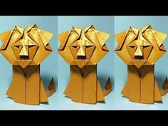 three different views of an origami cat with its head turned to look like it is