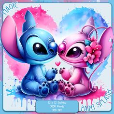 two cartoon characters are kissing each other in front of a blue background with pink and purple paint splatters