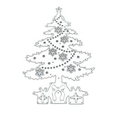 a christmas tree cutout with snowflakes and presents on the bottom, in white paper