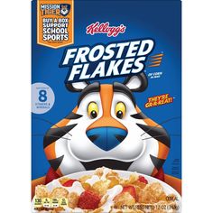 a bag of frosted flakes with a tiger face on the front and bottom