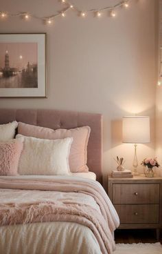 a bedroom decorated in pink and white with lights strung above the bed, along with two nightstands