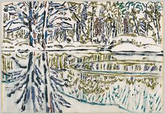 a drawing of trees and water in the snow