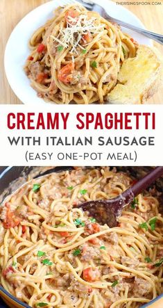 Need some easy comfort food made with simple ingredients? Fix this Creamy One-Pot Spaghetti in only 45 minutes with onion, sweet bell pepper, garlic, ground Italian sausage, canned tomatoes, broth, canned coconut milk (or heavy cream) + dry spices. This recipe is super versatile, so use it as a template and grab what's on hand in your kitchen right now to save time & money. (dairy-free option) Spaghetti With Italian Sausage, Best Spaghetti Recipe, Dry Spices, One Pot Spaghetti, Best Spaghetti, Italian Sausage Recipes, Ground Italian Sausage, Spaghetti Recipe