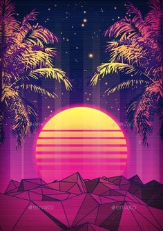 an abstract sunset with palm trees and mountains in the foreground - miscellaneous objects illustrations