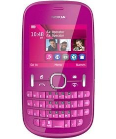 a pink cell phone with pictures on the screen