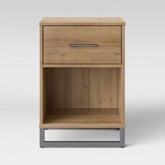 an image of a wooden night stand with drawers on it's sides and one drawer open