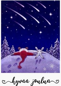 an illustration of two people in the snow with stars and falling snowflakes behind them