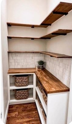 Home Decor Ideas Basement, Mobile Home Pantry Ideas, Microwave In Pantry Closet, Small Pantry Room Ideas, Corner Pantry Shelves, Finished Pantry, Room Off Of Kitchen, Small Walk In Pantry, Small Pantry Ideas