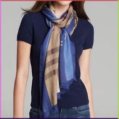 Nwt-Burberry Modal Cashmere Haymarket Check Color This Stylish Scarf Is In The Classic Burberry Check Pattern With A Blue Border. The Scarf Is Crafted Of Modal, Silk And Cashmere. Made In Italy. Tie A Scarf, Burberry Scarf, Blue Border, Burberry Accessories, Faded Jeans, Scarf Tying, Simple White, Rain Wear