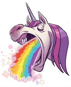 an unicorn with its mouth open and rainbow in the middle of it's teeth