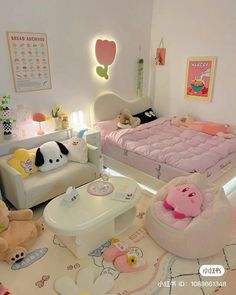 a bedroom with white furniture and lots of stuffed animals