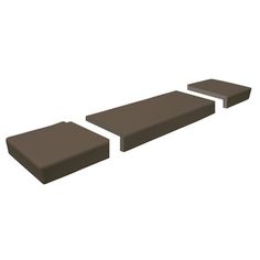 three brown benches sitting next to each other on top of a white floor and one is empty