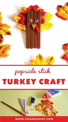 popsicle stick turkey craft with fall leaves on the background and text overlay that says popsicle stick turkey craft