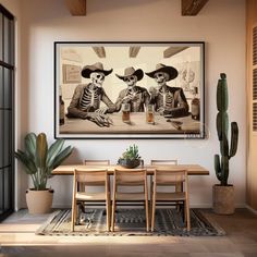 two skeletons sitting at a table with beer in front of them, framed in black and white