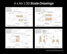 four drawings showing the different sections of a building with measurements and details for each section