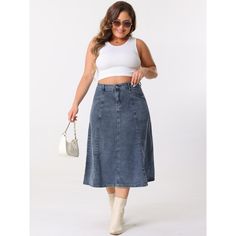 Women's Plus Size Denim Skirts are made of lightweight, breathable, and soft denim fabric. These versatile skirts are perfect for various occasions such as dating, daily wear, traveling, outdoor activities, work, and casual daily use. The denim skirts can be paired with a basic T-shirt, vest, sweater, sweatshirt, jacket, shirt, high heels, sneakers, bags, or hats, creating a fashionable and youthful look. The model is 5'7" with a chest of 42 inches, waist of 32 1/4 inches, hip of 44 7/8 inches, Versatile Skirts, Midi Jean Skirt, Strap Jeans, High Heels Sneakers, Jean Skirts, Vest Sweater, Midi Jeans, Heels Sneakers, Shirt Vest