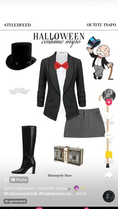 the costume is black and white with a red bow tie, top hat, cane