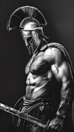 a black and white photo of a man in roman armor with a helmet on his head