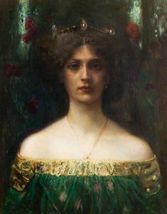 a painting of a woman wearing a green dress with flowers in her hair and necklace