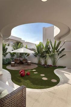 an outdoor area with grass and red balls