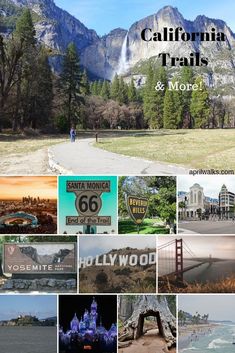 the california trails and more collage with mountains, trees, water, and buildings