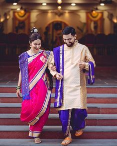 Navri Poses, Maharashtrian Couple, Marathi Couple, Maharashtrian Brides, Bridegroom Outfits, Groom Indian Wedding Outfits, Engagement Couple Dress, Wedding Matching Outfits, Marathi Saree