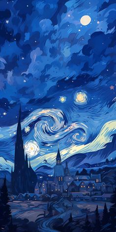 the night sky with stars and clouds painted on it, as well as some buildings