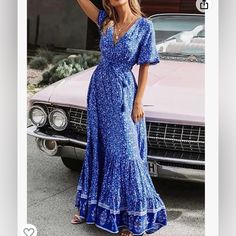 Blue Floral Maxi Dress Size Small New With Tags Never Worn Look Boho Chic, Haine Diy, Mode Hippie, Mode Boho, Short Sleeve Maxi Dresses, High Waist Dress, Moda Boho, Maxi Robes, Boho Maxi