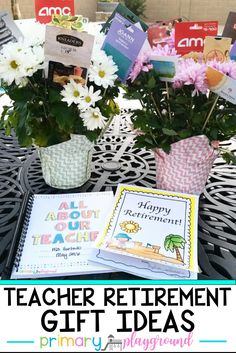 teacher retirement gift ideas with flowers in vases and books on a black table top