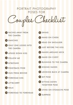 a printable portrait photography checklist with the words couples'checklist on it