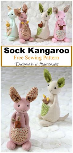 three stuffed animals sitting next to each other on a white surface with text overlay that says sock kangaroo free sewing pattern