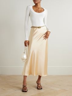 Galvan's 'Valletta' skirt works well for many different occasions. It's made from lustrous satin that's cut on the bias for a beautiful drape and sits comfortably at your natural waist. Wear yours with a tonal camisole and neutral or metallic accessories. Metallic Accessories, Skirt With Belt, Bias Cut Skirt, Flat Dress Shoes, Floral Dresses Short, Dress Flats, Draped Skirt, Satin Midi Skirt, Swimsuit Dress