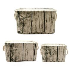 four wooden containers with rope handles on white background