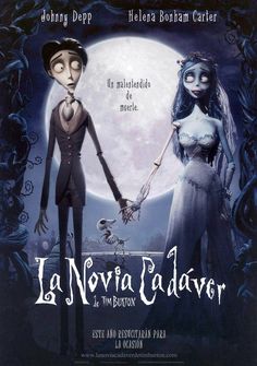 corpse bride and groom holding hands in front of a full moon with the words corpse bride written on it