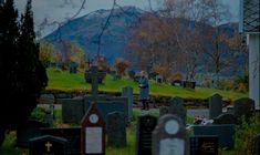 a cemetery with many headstones and trees in the foreground, mountains in the background