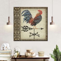 a rooster is standing on top of a weather vane in the middle of a room